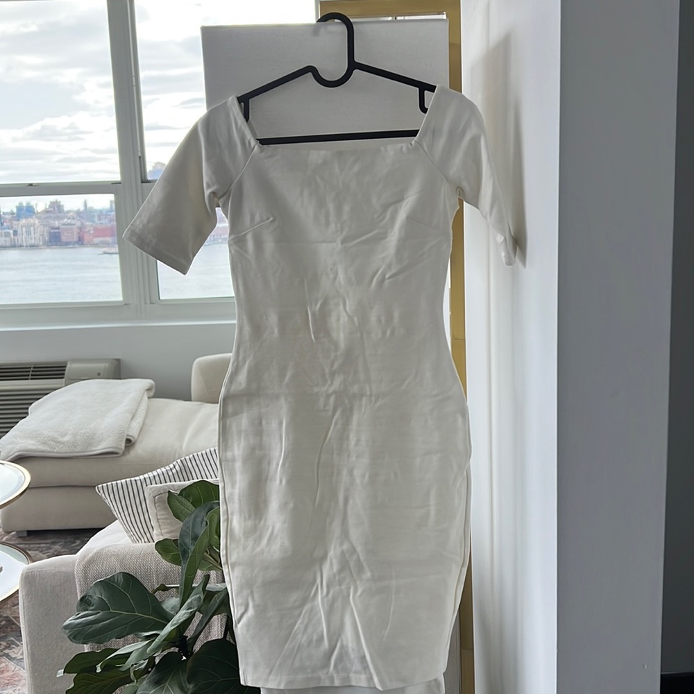 Ivory off-the-shoulder midi dress